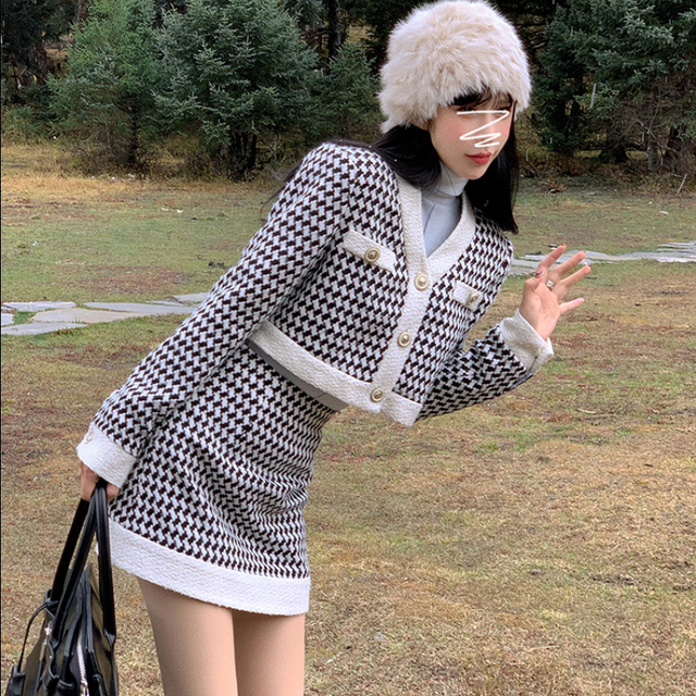 Zestaw kurtka tweedowa i spódnica Harajuku w stylu kawaii, idealny dla dziewczyn w vintage plaid. Modne połączenie japońskiego i koreańskiego designu - tanie ubrania i akcesoria