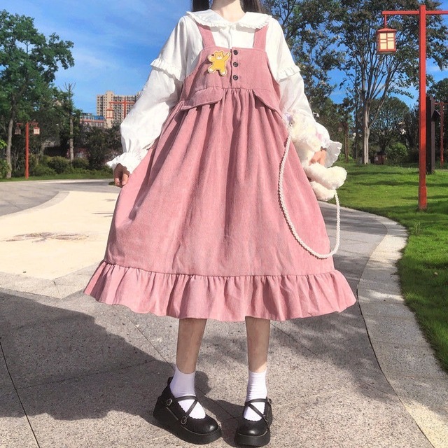 Jesienna sukienka QWEEK z falbanką w stylu Lolita Kawaii z patchworkowymi elementami – sztruksowa elegancja 2021 - tanie ubrania i akcesoria