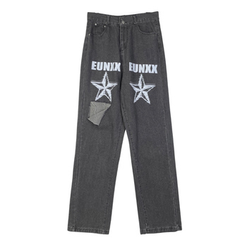 Damskie dżinsowe spodnie w stylu vintage z luźną, szeroką nogawką, nadrukiem pięciu gwiazd i prostym otworem