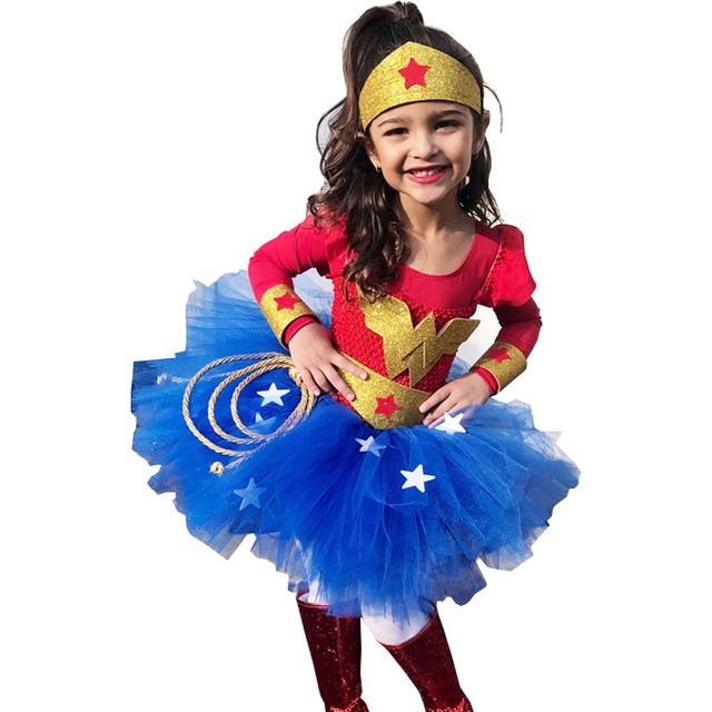 Kostium WonderWoman dla dziewczynek - sukienka superbohatera idealna na Halloween - tanie ubrania i akcesoria