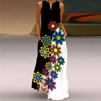 Elegancka długa sukienka plażowa Boho w kwiaty bez rękawów, 2021, Plus Size