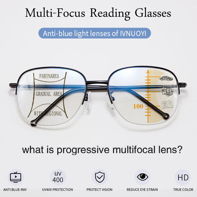 Okulary do czytania progresywne z blokadą niebieskiego światła i ochroną UV z metalu tytanu 2021 - tanie ubrania i akcesoria