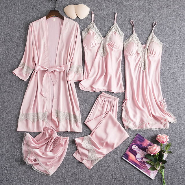Piżamy Patchwork z koronką i satyną - zestaw 5 sztuk, 2021 nowość Kimono, suknia nocna - sexi bielizna intymna, damska garnitur Loungewear - tanie ubrania i akcesoria