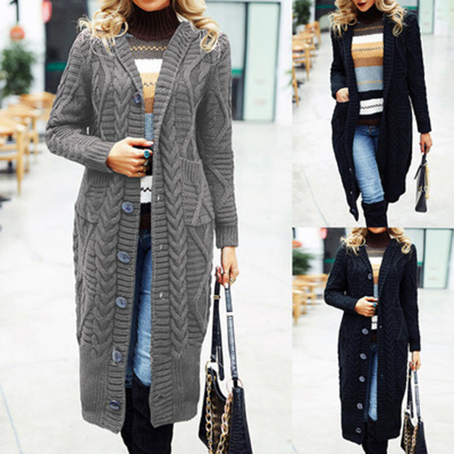 Jesienno-zimowy kardigan damski z kieszeniami - moda europejska i amerykańska, luźny płaszcz o wydłużonym kroju, wykonany z dzianiny - tanie ubrania i akcesoria