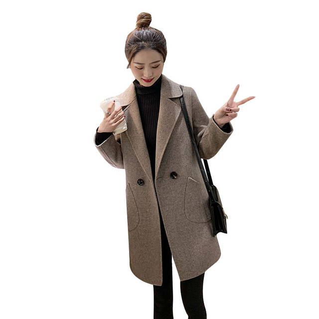 Nowy damski płaszcz z kaszmirem w kolorze czarnym Khaki o długości średniej i długiej z dwoma guzikami, kołnierzem typu tweed, wełniany - Jesienno-zimowa kolekcja 2021 - tanie ubrania i akcesoria