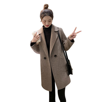 Nowy damski płaszcz z kaszmirem w kolorze czarnym Khaki o długości średniej i długiej z dwoma guzikami, kołnierzem typu tweed, wełniany - Jesienno-zimowa kolekcja 2021