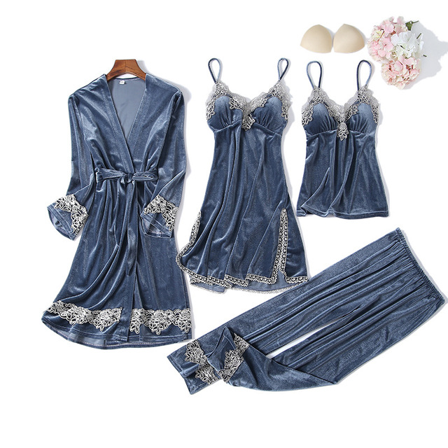 Welurowy zestaw piżam dla kobiet: koronkowa bielizna nocna, aksamitna sukienka Kimono i 3 innych elementów - tanie ubrania i akcesoria