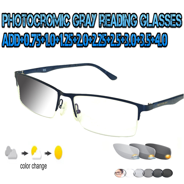 Fotochromowe okulary do czytania szare, ultralekkie, z metalową ramą, wysoka jakość mody, dla mężczyzn i kobiet, +0,75 do +4,0 - tanie ubrania i akcesoria