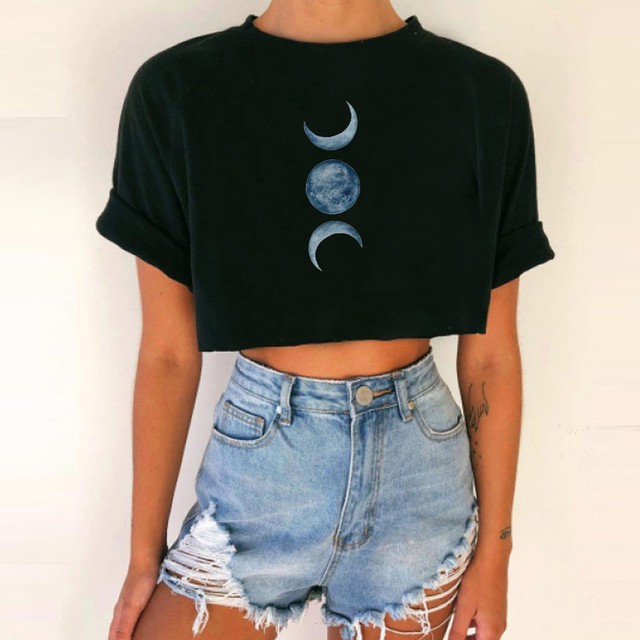T-shirt damski o kroju 25 #, z słońcem i nadrukiem księżyca, okrągłym dekoltem, krótkim rękawem, w stylu vintage i harajuku, w letnim wydaniu z seksownym pępkiem - tanie ubrania i akcesoria