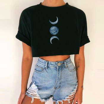 T-shirt damski o kroju 25 #, z słońcem i nadrukiem księżyca, okrągłym dekoltem, krótkim rękawem, w stylu vintage i harajuku, w letnim wydaniu z seksownym pępkiem