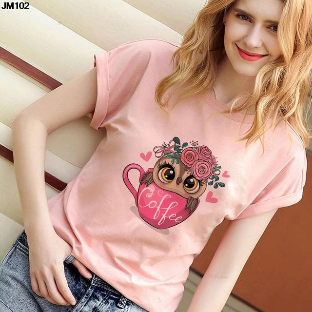 Gothic T-shirt dla kobiet z nadrukiem sowy - letni trend, krótki rękaw, casualowy różowy top - tanie ubrania i akcesoria