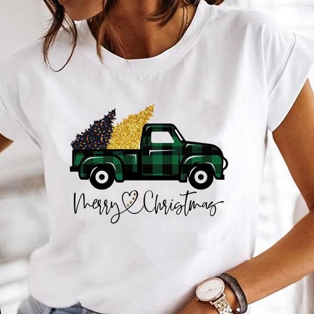 Kobiece koszulki świąteczne z nadrukiem samochodu typu Plaid - T-shirty z nadrukiem kreskówkowym dla kobiet, idealne na święta oraz Nowy Rok - tanie ubrania i akcesoria
