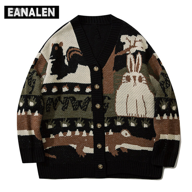 Nadwymiarowy sweter męski z grafiką zwierząt w stylu Harajuku, vintage z kontrastowymi kolorami, dziergany na zimę - tanie ubrania i akcesoria