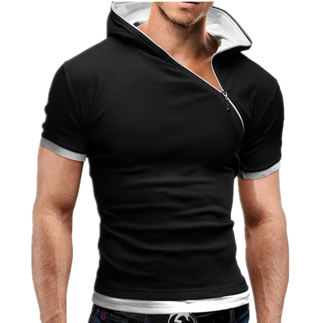 Męska koszula z suwakiem i krótkim rękawem 2021, V-neck, bawełna, wierzchnia koszulka z kapturem, slim fit - tanie ubrania i akcesoria