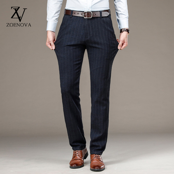 Męskie formalne spodnie zimowe elastyczne, oddychające, proste, z plisami, w kratę