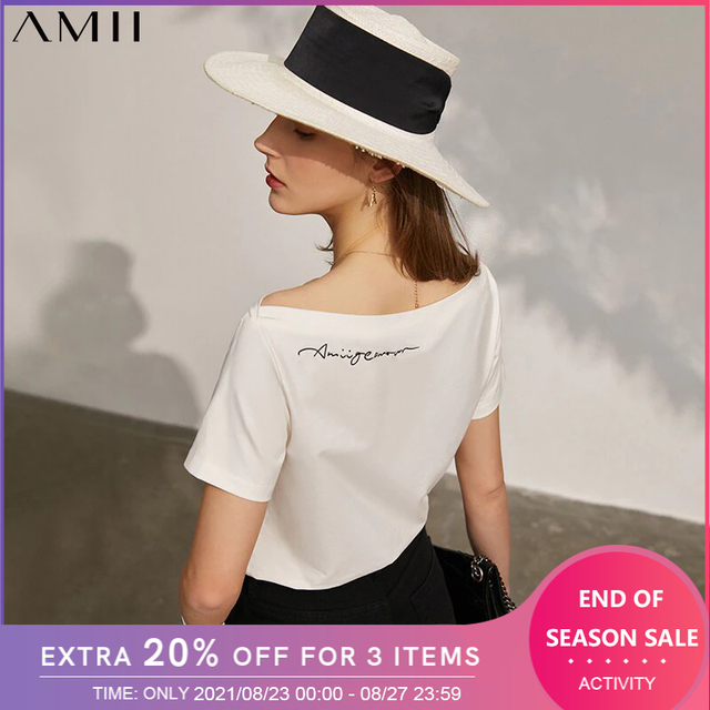 Koszulka damska Amii minimalizm lato haftowana litera głęboki dekolt Slim Fit - tanie ubrania i akcesoria
