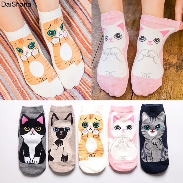 Skarpety dla kobiet - 5 par/partia wiosna/lato, bawełniane, wzór Hello Kitten kot szczeniaczek, Harajuku Kawaii, ładne, śmieszne - tanie ubrania i akcesoria