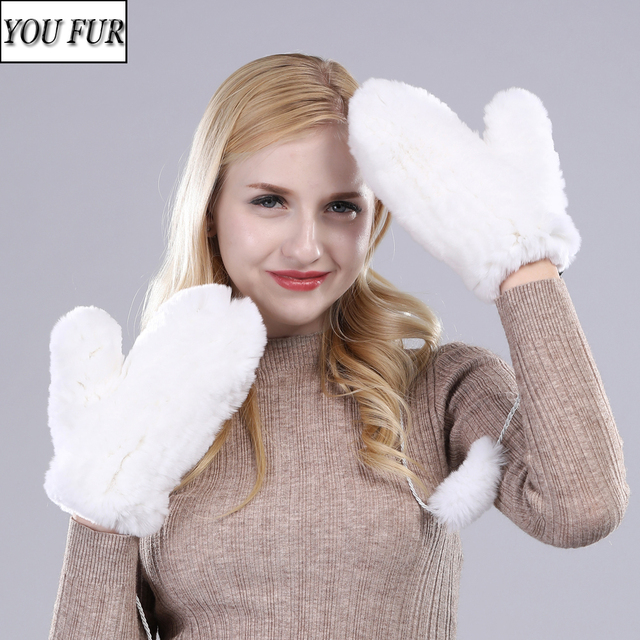 Rękawiczki z prawdziwego futra królika Rex o dobrej gumce - damskie, zimowe, dzianinowe, naturalne rękawiczki - tanie ubrania i akcesoria