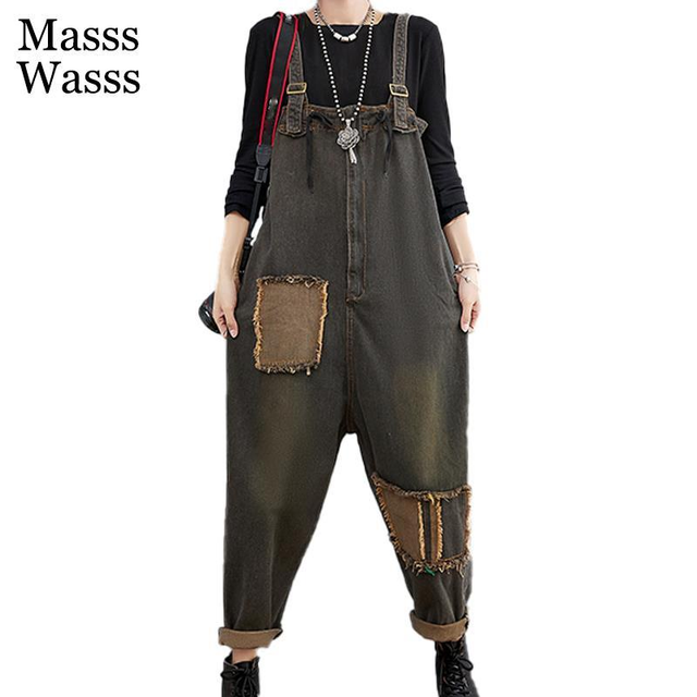 Dżinsy damskie Vintage Mass Wasss 2021 - Luźne patchworkowe kombinezony na co dzień z kieszeniami - tanie ubrania i akcesoria