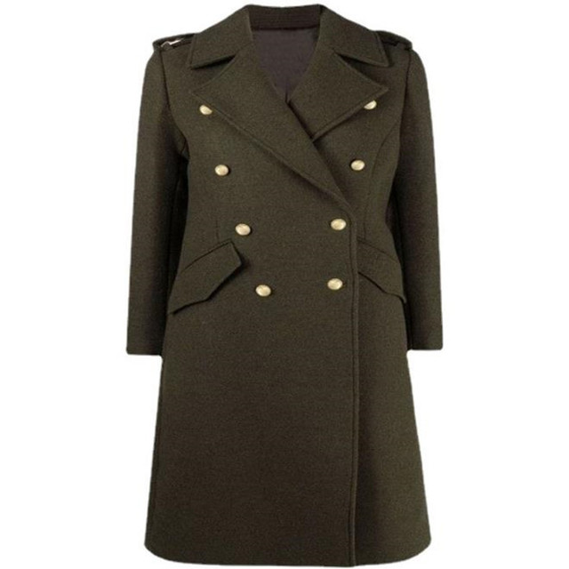 Zimowy płaszcz wełniany kobiecy styl wojskowy, slim fit, podwójne piersi, długi, mieszanka wełny - tanie ubrania i akcesoria