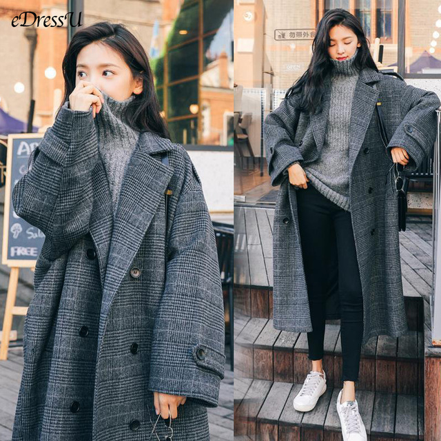 Płaszcz wełniany EDressU SY-0724 w kratę, długi oversize, zimowy elegancki koreański styl, luźny krój - tanie ubrania i akcesoria