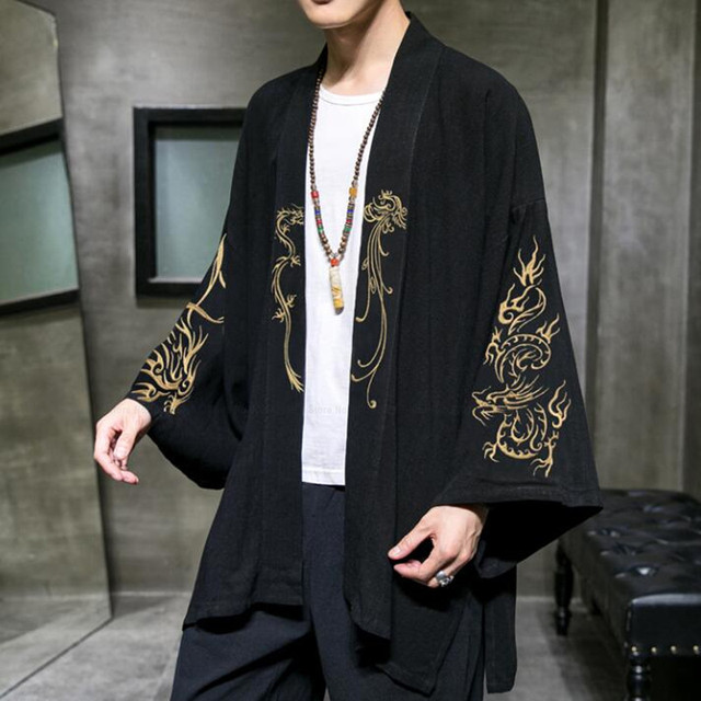 Modna haftowana pościel w chińskim stylu Retro Hanfu z motywem smoka dla mężczyzn, inspirowana japońskim kimonem, jako cardigan, szata lub płaszcz orientalnej mody - tanie ubrania i akcesoria