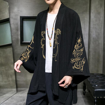 Modna haftowana pościel w chińskim stylu Retro Hanfu z motywem smoka dla mężczyzn, inspirowana japońskim kimonem, jako cardigan, szata lub płaszcz orientalnej mody