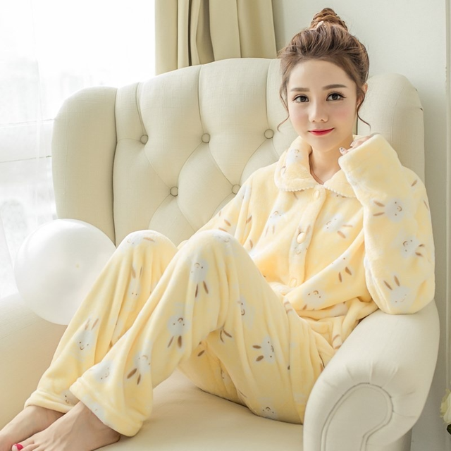 Zimowa flanelowa piżama z długim rękawem w żółtych wzorach Cartoon - komplet 2 sztuk, rozmiar plus, bielizna nocna domowa - tanie ubrania i akcesoria