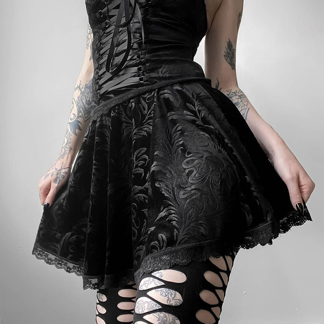 Goth - ciemna spódnica z wysoką talią i koronkowym wykończeniem, czarny kwiatowy nadruk, Harajuku Grunge - spódnica na co dzień dla kobiet - tanie ubrania i akcesoria