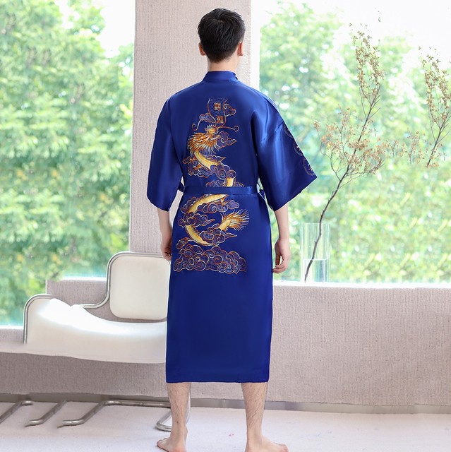 Granatowy haftowany szlafrok Kimono z jedwabistą satynową bielizną nocną męską - tanie ubrania i akcesoria