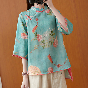 T-shirt z herbatą damski w nowym chińskim stylu, wykonany z bawełny i lnu, o luźnym kroju i trzyczęściowym rękawie, idealny na jesień