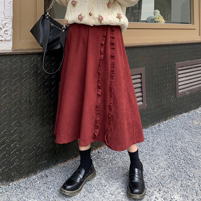 Spódnica damskie Vintage sztruksowe długie, elastyczna z wysokim stanem - wino czerwona - tanie ubrania i akcesoria