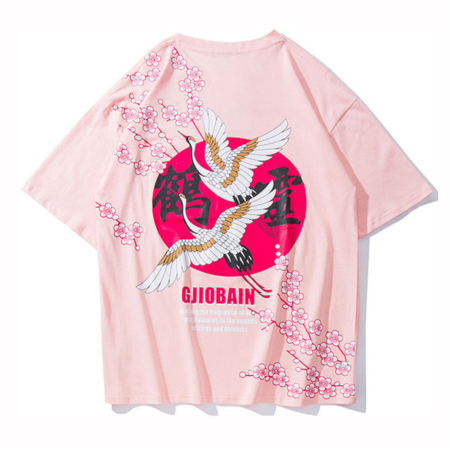 Koszulka męska z nadrukowanymi chińskimi żurawiami i kwiatami w stylu streetwear Hip Hop, lato 2021 - tanie ubrania i akcesoria