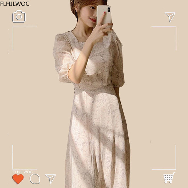 Elegancka sukienka letnia długa, kwadratowy kołnierzyk - Vestidos Vintage Casual damskie, moda koreańska, 2020 - tanie ubrania i akcesoria