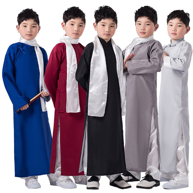 Chiński szlafrok dla chłopców w stylu starożytnych mandaryńskich szat - długa suknia Chińczyka ip man, idealna dla młodzieży - tanie ubrania i akcesoria