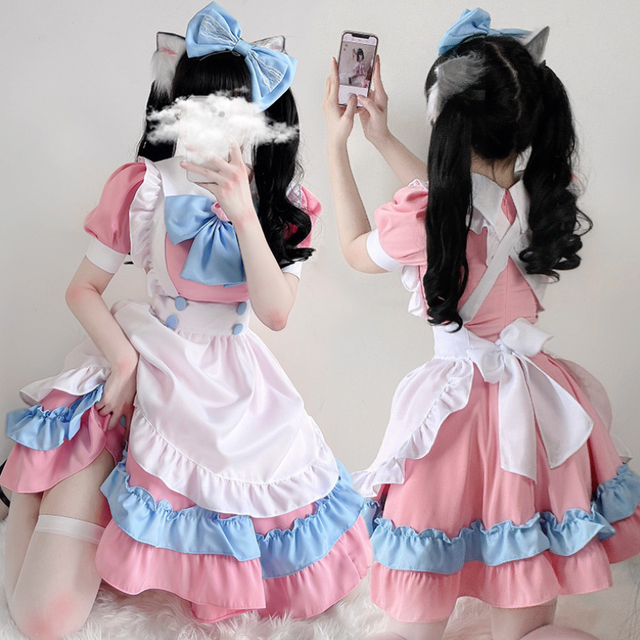 Fartuch lolitka z koronkowymi wykończeniami w kolorze różowym i niebieskim z elementami kociaków - sukienka w stylu Lolity Cosplay Anime 2021 - tanie ubrania i akcesoria