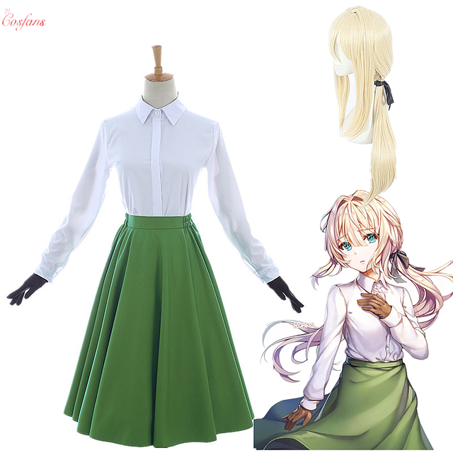 Karnawałowe stroje Anime Violet Evergarden Auto Memory Doll: biała bluzka, zielona sukienka, komplet rękawiczek, nowy mundur - tanie ubrania i akcesoria