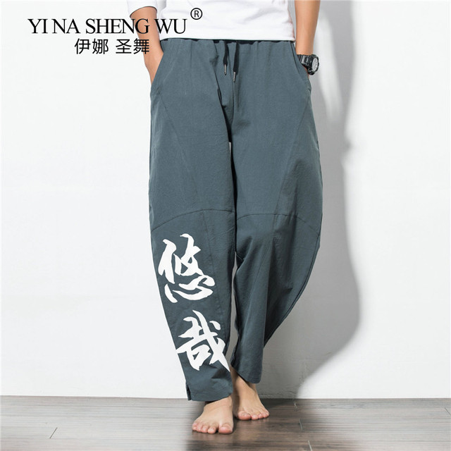 Letnie luźne spodnie męskie z bawełny i lnu w rozmiarze chińskim, w stylu casual, z cienkiego materiału - tanie ubrania i akcesoria