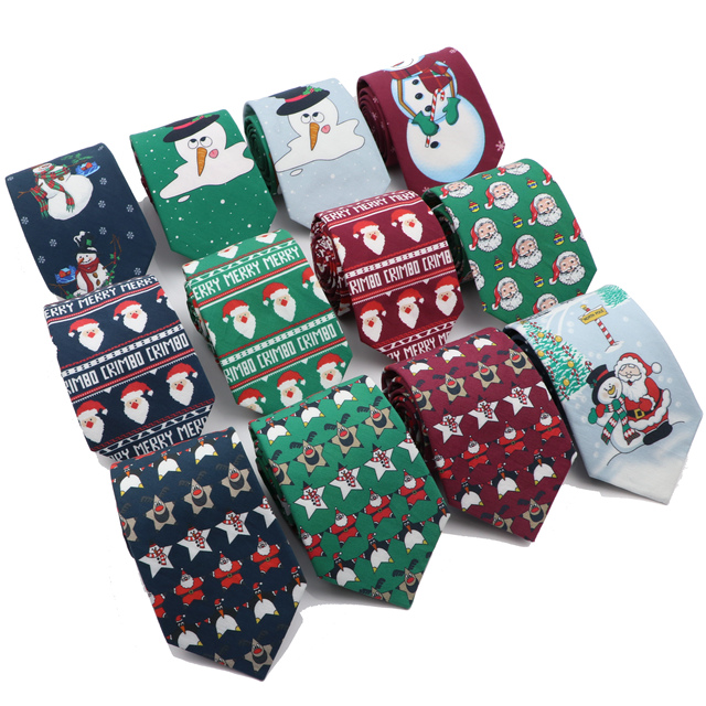 Męski krawat świąteczny z nadrukiem bałwanka i świętego Mikołaja - tanie ubrania i akcesoria