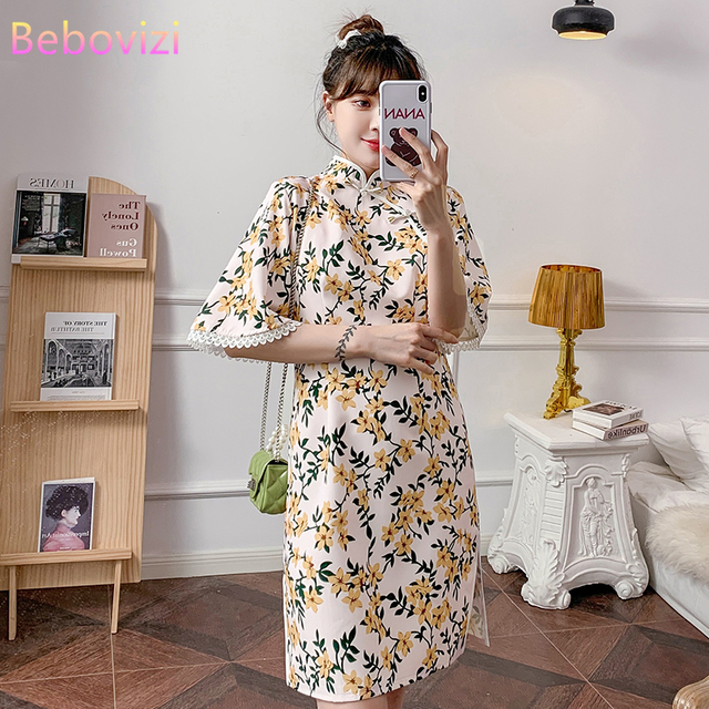 Nowoczesna sukienka qipao dla kobiet w stylu chińskim (rozmiary M-3XL, luźna elegancja, krótki rękaw, kolekcja 2021) - tanie ubrania i akcesoria