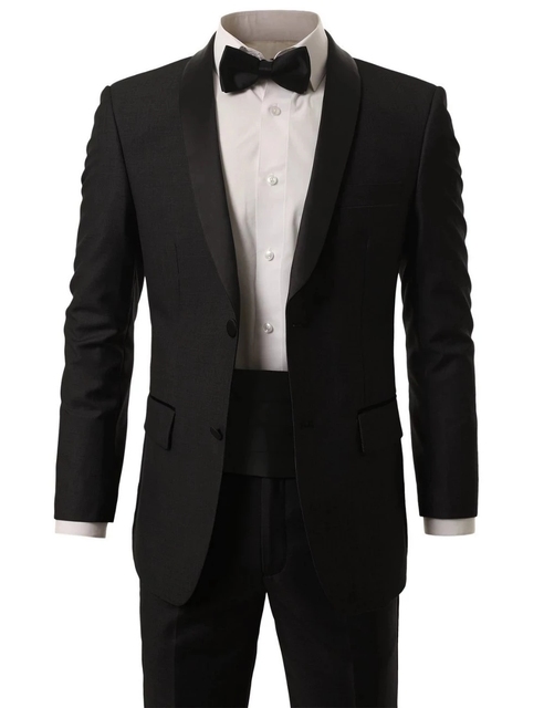 Elegancki męski garnitur szary z czarnym, satynowym szalem i dwoma guzikami, idealny na ślub (kurtka + P) - tanie ubrania i akcesoria