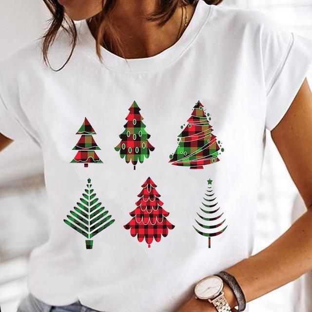 Ubrania dla kobiet - Wesołe Święta: Chusta Drzewo - Modny Nadruk Kreskówkowy - Damskie Graficzne Tee T-shirt - tanie ubrania i akcesoria