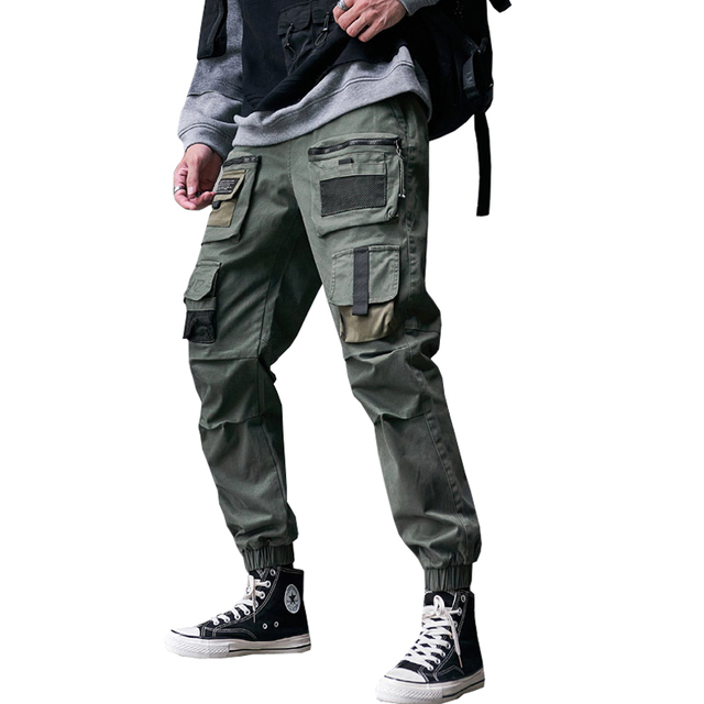 Męskie spodnie cargo z bocznymi kieszeniami i jednolitą fakturą, streetwear, dla biegaczy i miłośników hip-hopu, wykonane z bawełny - tanie ubrania i akcesoria