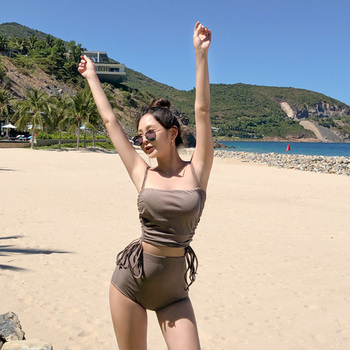 Bikini koreańskiego stylu jednokolorowe dla kobiet - wysokie w talii, dwuczęściowy, wysokiej jakości kostium plażowy