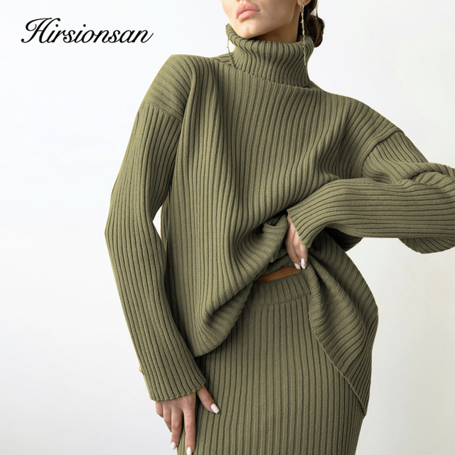 Elegancki zestaw damski Hirsionsan - sweter z golfem i spódnica trzy czwarte do garsonki, dzianina 2021 - tanie ubrania i akcesoria