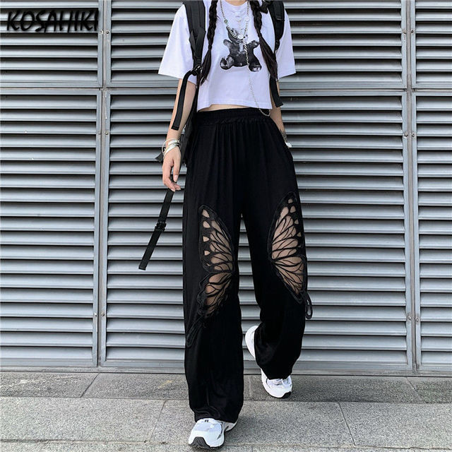 Damskie spodnie capri KOSAHIKI Harajuku z motylowym wzorem i wysokim stanem - tanie ubrania i akcesoria