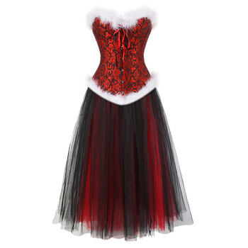 Gorset na Halloween z białymi piórami, czarno-czerwoną satynową spódniczką i kwiecistą koronką - Plus Size