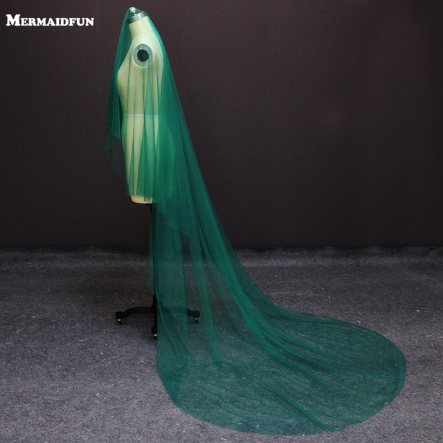 Prawdziwe zdjęcia - Nowa, jednowarstwowa zielona suknia ślubna o długości 3 metrów, wykonana z tiulu. Piękny welon bez grzebienia - tanie ubrania i akcesoria
