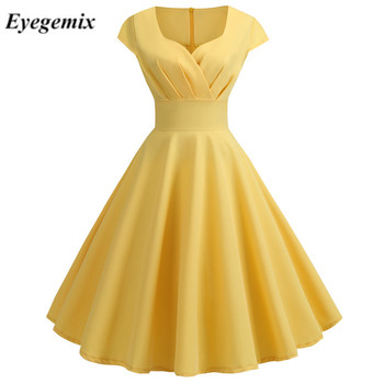 Żółta letnia sukienka damska V Neck Vintage, o średniej długości, Plus rozmiar
