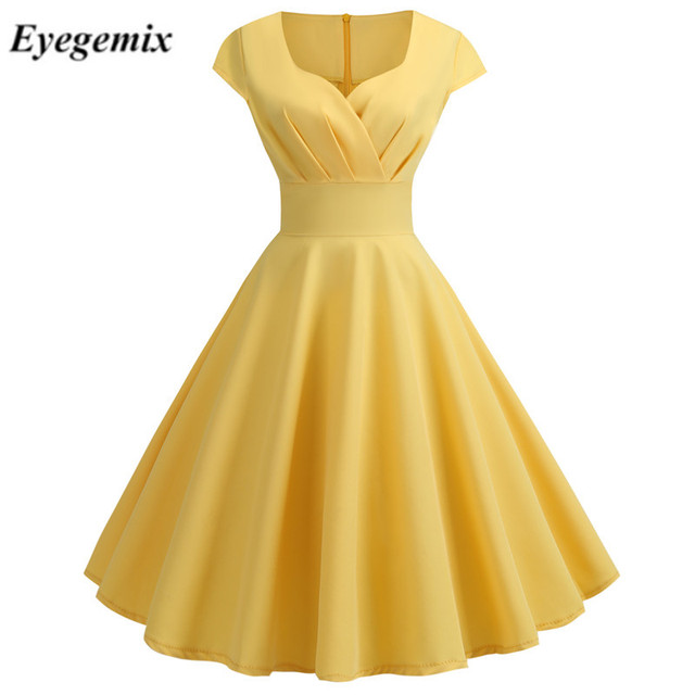 Żółta letnia sukienka damska V Neck Vintage, o średniej długości, Plus rozmiar - tanie ubrania i akcesoria